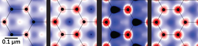 A series of four images showing how electrons move through graphene under laser illumination. Their density is represented by red, for high, and blue and white for lower. Each shows six carbon atoms atop a shifting background of those colors.